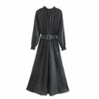 Set: Long-sleeve Dotted Maxi A-line Dress + Belt