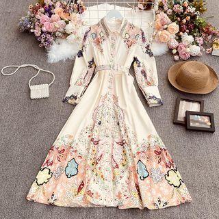 Ethnic Pattern Long-sleeve Shirtdress White - One Size