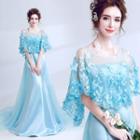 Embroidered Capelet Mermaid Evening Gown With Train