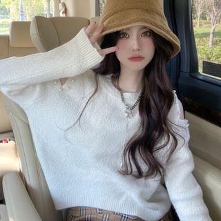 Cutout Off-shoulder Pearl Long-sleeve Knit Sweater