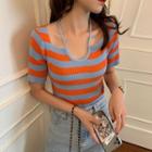 V-neck Striped Cut-out Halter Short-sleeve Knit Top