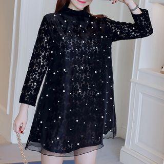Faux Pearl 3/4 Sleeve Mock Neck Lace Dress