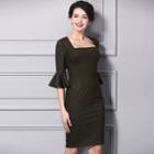 Ruffle Elbow-sleeve Sheath Dress