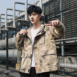 Camo Print Lettering Hooded Zip Jacket