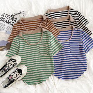 Short-sleeve Striped Asymmetric Hem Top