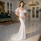 Swan Embroidered Short Ruffle Sleeve Evening Gown