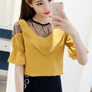 Lace Panel Ruffle Trim Short Sleeve Chiffon Top