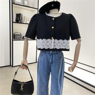 Short-sleeve Lace-trim Cropped Top Black - One Size