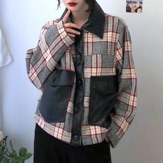 Faux Leather Panel Plaid Buttoned Jacket