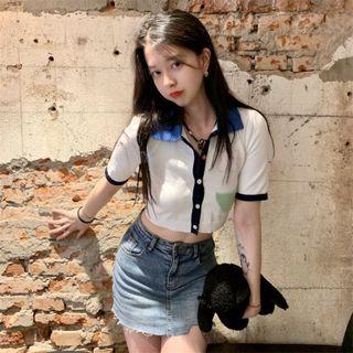 Short-sleeve Color Block Cropped Cardigan White - M