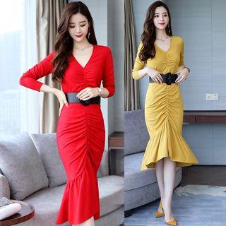 Long-sleeve Ruched Midi Mermaid Sheath Dress