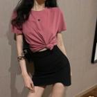 Set: Heart Embroidered Short-sleeve T-shirt + Plain Mini Pencil Skirt