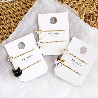 Set: Alloy Cat / Faux Pearl Paw Hair Pin