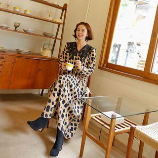 Lace-collar Drop-waist Long Patterned Dress Beige - One Size