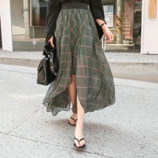Band-waist Pattern Chiffon Long Skirt