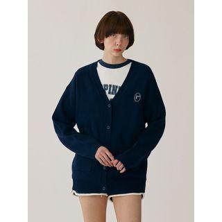 Basic V-neck Dual-pocket Cardigan Navy Blue - One Size