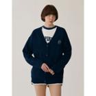 Basic V-neck Dual-pocket Cardigan Navy Blue - One Size