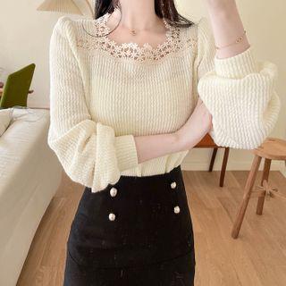 Square-neck Lace-trim Ribbed Top