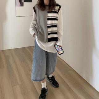 Long-sleeve Plain T-shirt / Striped Panel Knit Vest