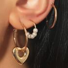 Set Of 3 : Heart Dangle Earring + Faux Pearl Earring + Hoop Earring 01 - Gold - One Size