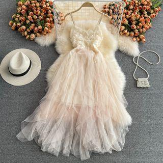 Mesh Panel Sequined Spaghetti Strap Dress