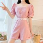 Set: Balloon-sleeve Lace Trim Playsuit + Lace Belt + Crossbody Bag