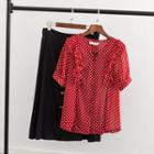 Set: Dotted Short-sleeve Blouse + Midi A-line Skirt