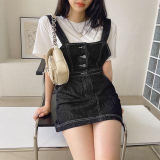 Set: Stitched Denim Overall Minidress + T-shirt Black - One Size