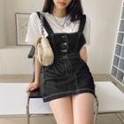 Set: Stitched Denim Overall Minidress + T-shirt Black - One Size