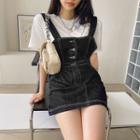 Set: Stitched Denim Overall Minidress + T-shirt Black - One Size