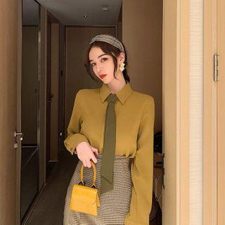 Plain Long-sleeve Shirt / High Waist Plaid Split Skirt
