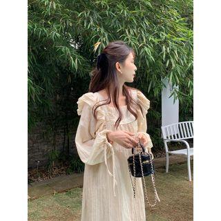 Long-sleeve Lace Trim A-line Dress Almond - One Size