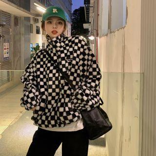 Checkerboard Fluffy Zip Jacket Black & White - One Size