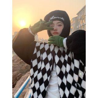 Long-sleeve Checkerboard Zipped Jacket Black & White - One Size