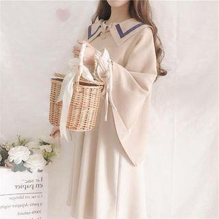 Ballon-sleeve A-line Shirt Dress / Contrast Trim Cape