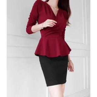 Peplum-hem Wrapped Mock Two-piece Dress