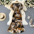 V-neck Print Drawstring Ruched Mermaid Dress