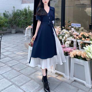Elbow-sleeve Collar Asymmetrical Midi A-line Dress