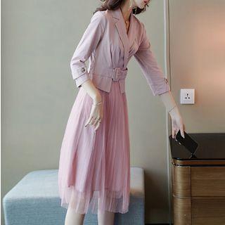 3/4-sleeve Notch-lapel Belted Mock Two-piece Dress