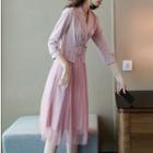 3/4-sleeve Notch-lapel Belted Mock Two-piece Dress