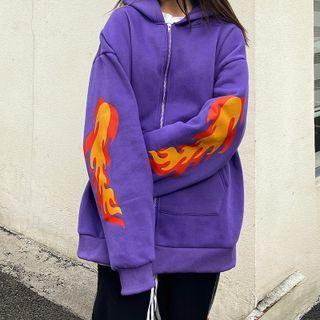 Lettering Flame Print Zip-up Hoodie