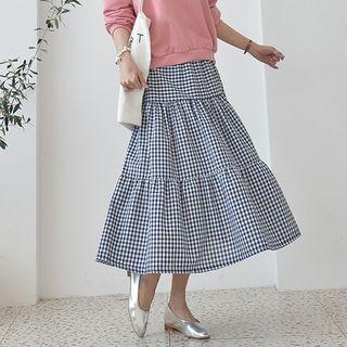 Band-waist Gingham Tiered Skirt