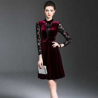 Long-sleeve Lace Panel Velvet A-line Dress