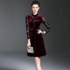 Long-sleeve Lace Panel Velvet A-line Dress