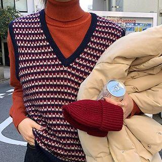 V-neck Striped Knit Vest As Shown In Figure - One Size