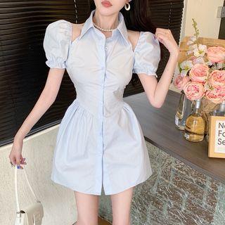 Puff-sleeve Cutout Mini Shirt Dress