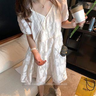 Balloon-sleeve Floral Embroidered Chiffon Dress