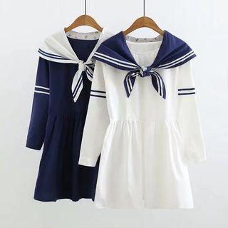 Long-sleeve A-line Dress With Neckerchief