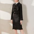 Set: Single-breasted Cropped Tweed Jacket + Fray Hem Straight-fit Skirt