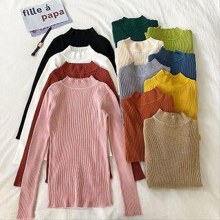 Plain Mock-neck Knit Long-sleeve Top